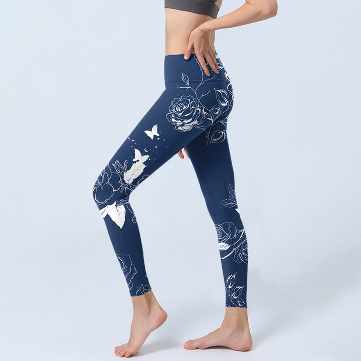 Buddha Stones Blaue Rose Schmetterlingsdruck Sport Leggings Damen Yogahose