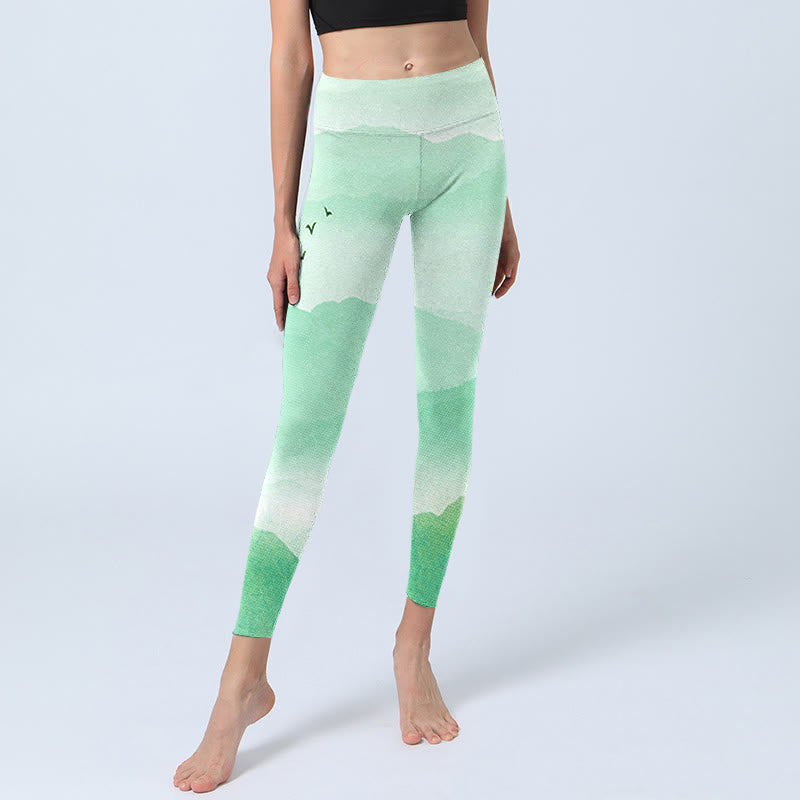 Buddha Stones Mint Creme Berge Wild Goose Print Sport Leggings Damen Yogahose