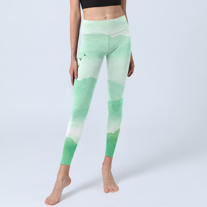 Buddha Stones Mint Creme Berge Wild Goose Print Sport Leggings Damen Yogahose