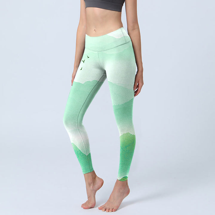 Buddha Stones Mint Creme Berge Wild Goose Print Sport Leggings Damen Yogahose