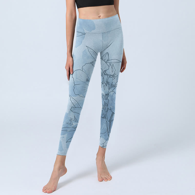 Buddha Stones Blaue Blumen Skizze Druck Sport Leggings Damen Yoga Hose