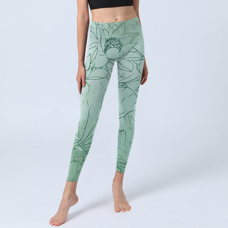 Buddha Stones Grüne Lotusblumen-Druck-Sport-Leggings für Damen, Yogahose