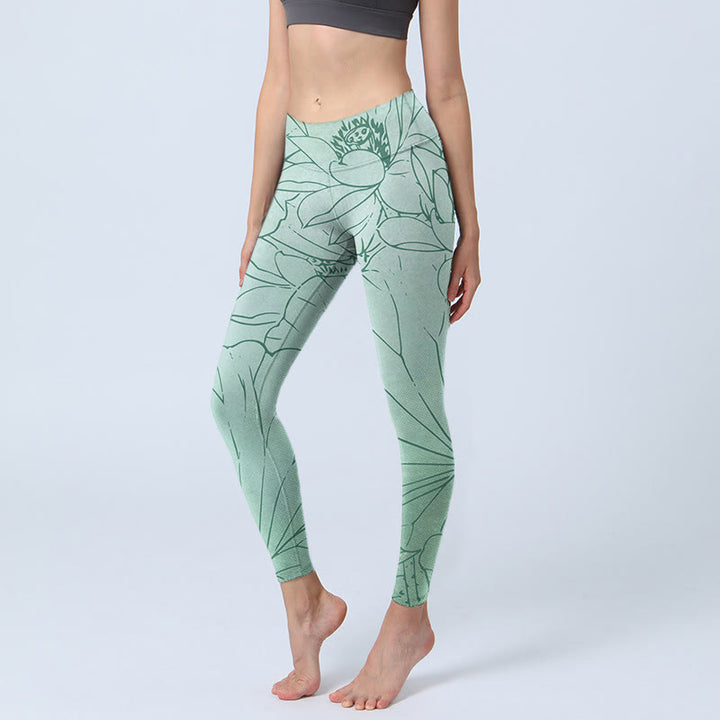 Buddha Stones Grüne Lotusblumen-Druck-Sport-Leggings für Damen, Yogahose