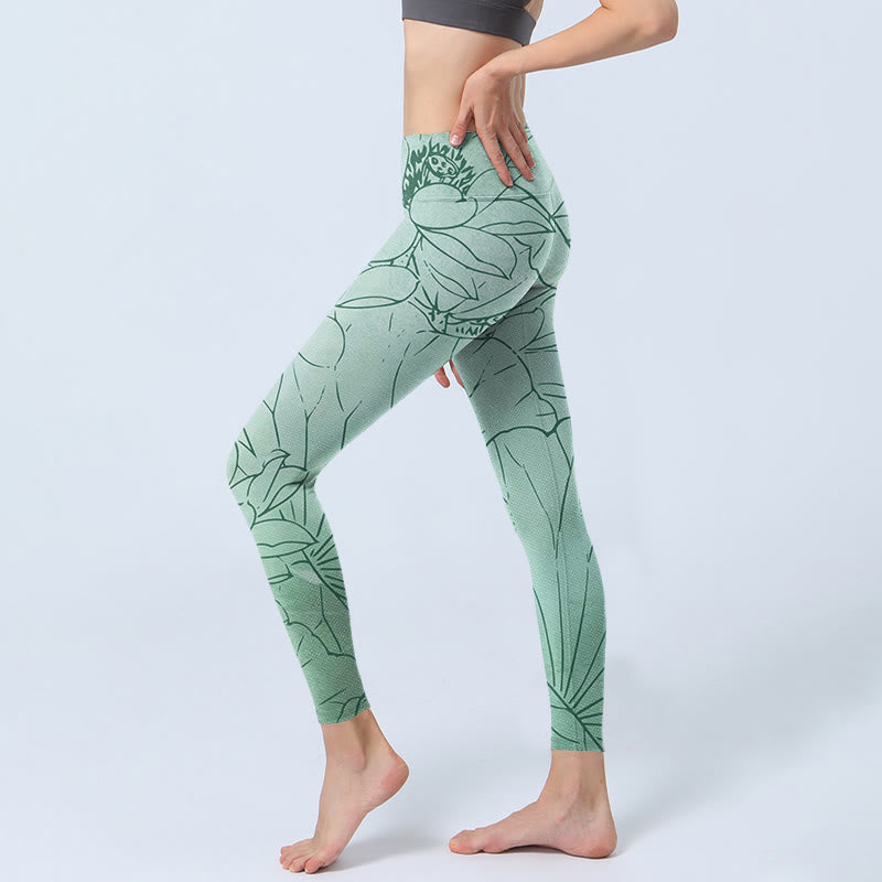 Buddha Stones Grüne Lotusblumen-Druck-Sport-Leggings für Damen, Yogahose