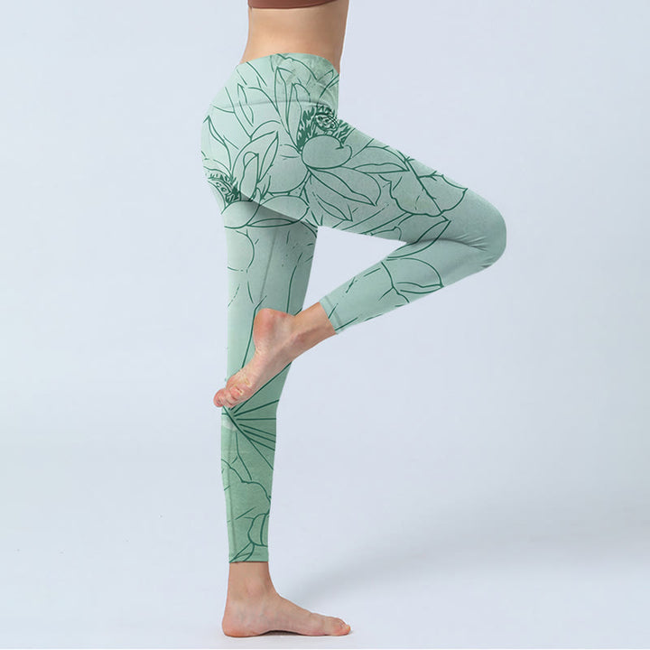 Buddha Stones Grüne Lotusblumen-Druck-Sport-Leggings für Damen, Yogahose