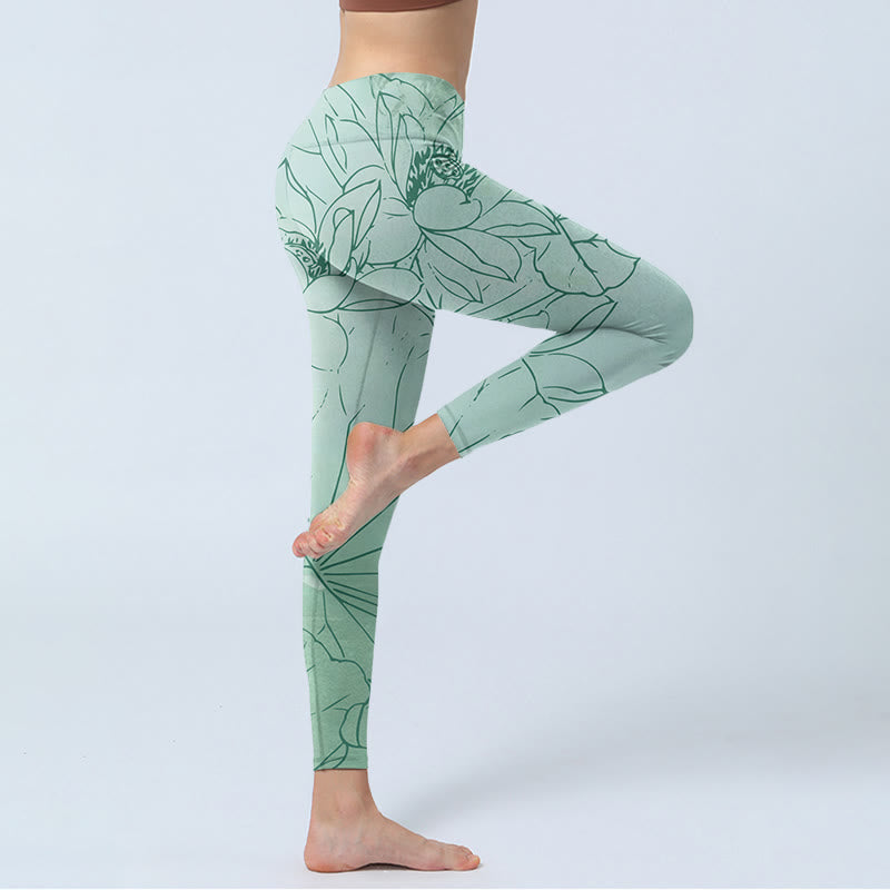 Buddha Stones Grüne Lotusblumen-Druck-Sport-Leggings für Damen, Yogahose - image 3