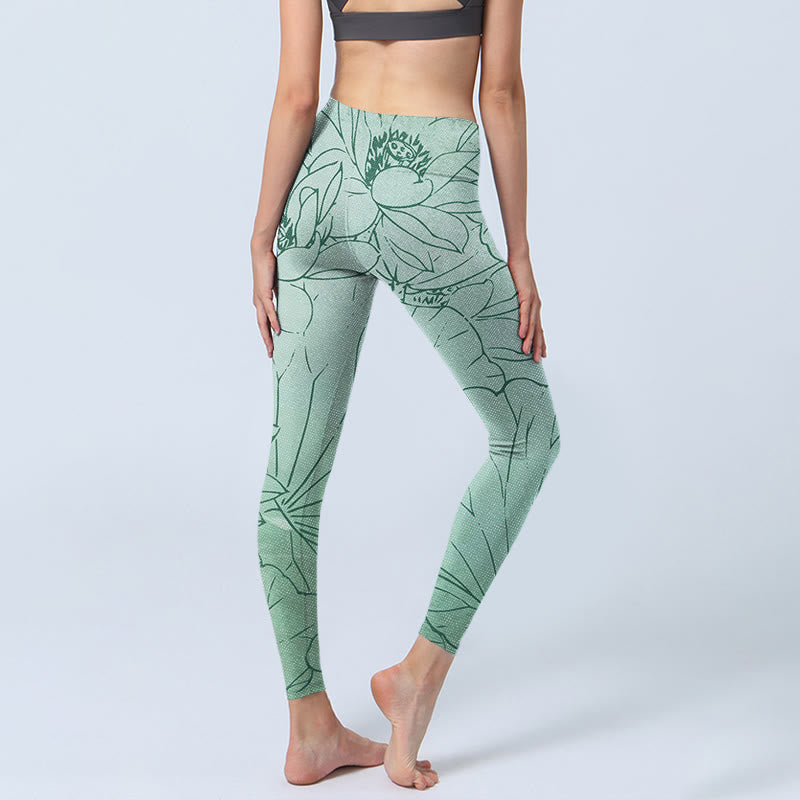 Buddha Stones Grüne Lotusblumen-Druck-Sport-Leggings für Damen, Yogahose