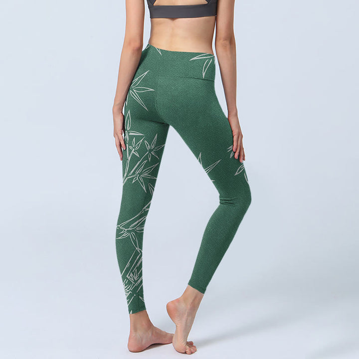 Buddha Stones Grün Weiß Bambus Blätter Druck Gym Leggings frauen Yoga Hosen