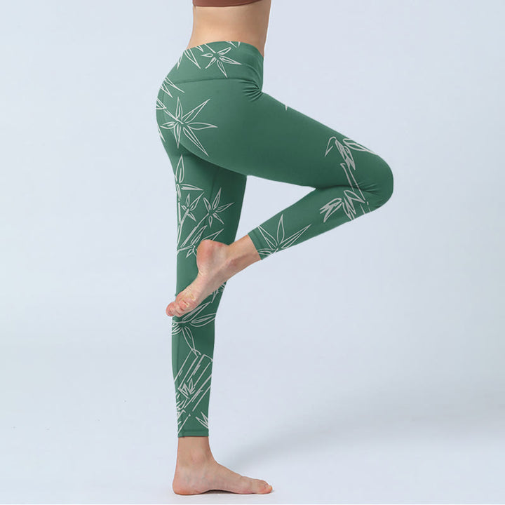 Buddha Stones Grün Weiß Bambus Blätter Druck Gym Leggings frauen Yoga Hosen