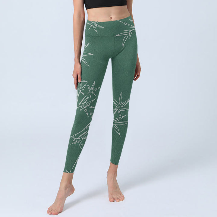 Buddha Stones Grün Weiß Bambus Blätter Druck Gym Leggings frauen Yoga Hosen