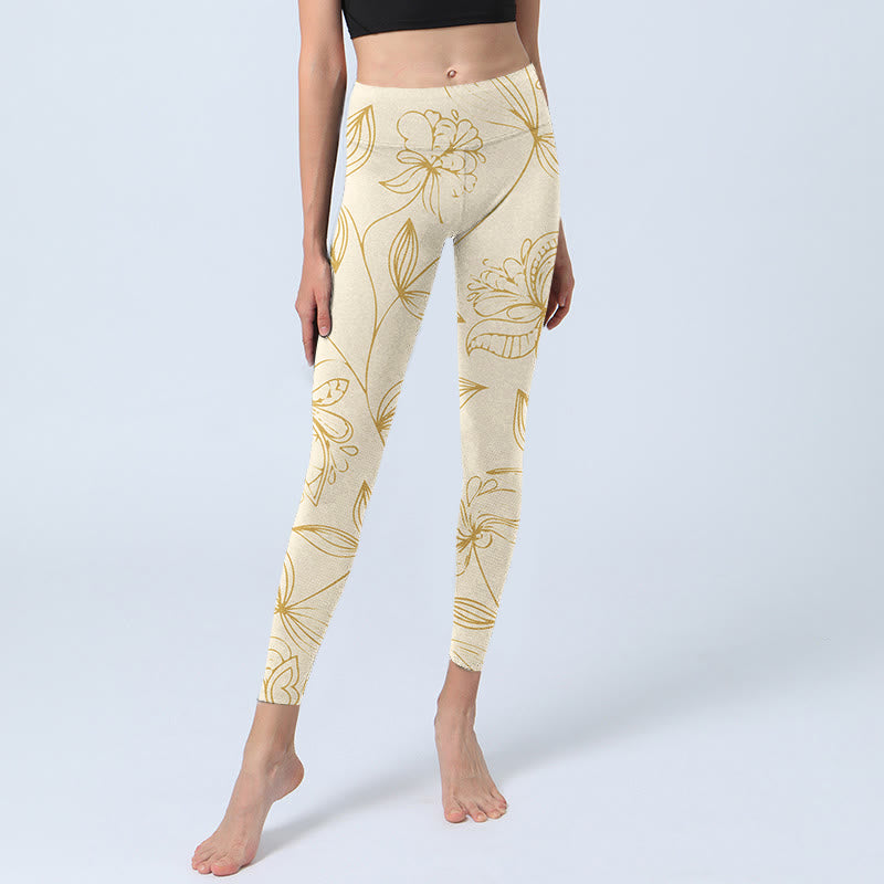 Buddha Stones Beige Blumenranken-Druck Gym Leggings Damen Yogahose