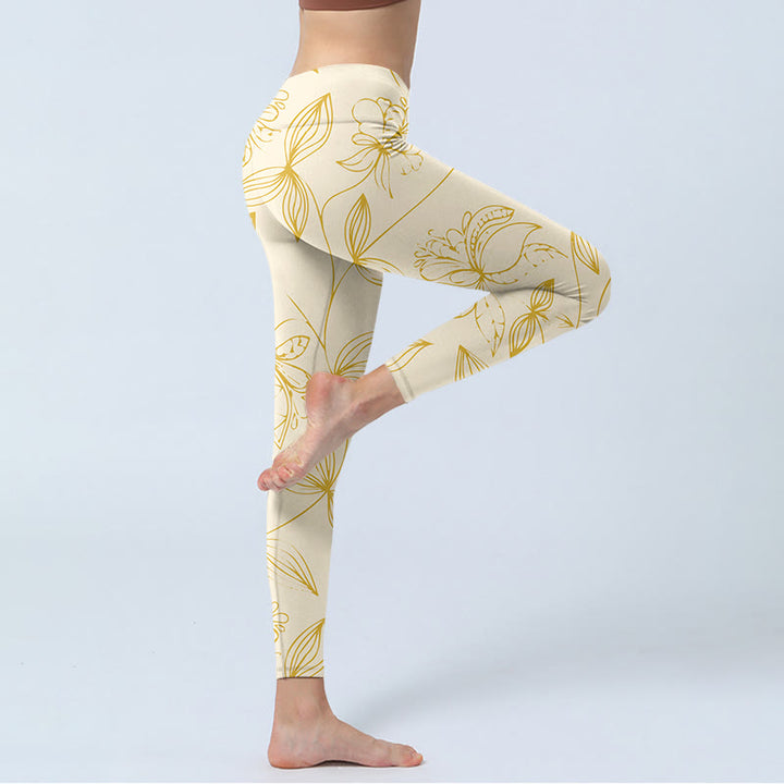 Buddha Stones Beige Blumenranken-Druck Gym Leggings Damen Yogahose