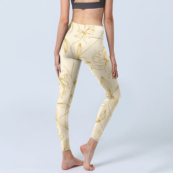 Buddha Stones Beige Blumenranken-Druck Gym Leggings Damen Yogahose - image 5