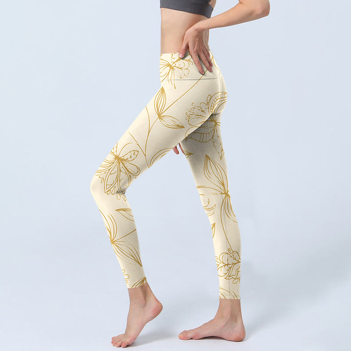 Buddha Stones Beige Blumenranken-Druck Gym Leggings Damen Yogahose