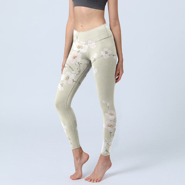 Buddha Stones Beige Pflaumenblüten Print Gym Leggings Damen Yogahose