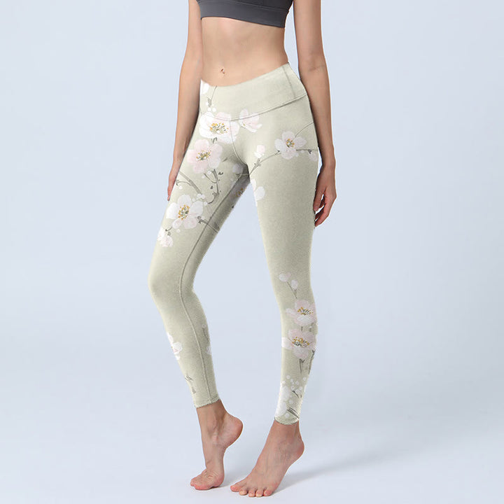 Buddha Stones Beige Pflaumenblüten Print Gym Leggings Damen Yogahose - Beige - US18, UK/AU22, EU50 (4XL) - image 0
