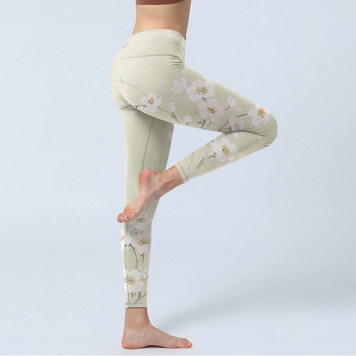 Buddha Stones Beige Pflaumenblüten Print Gym Leggings Damen Yogahose - image 3