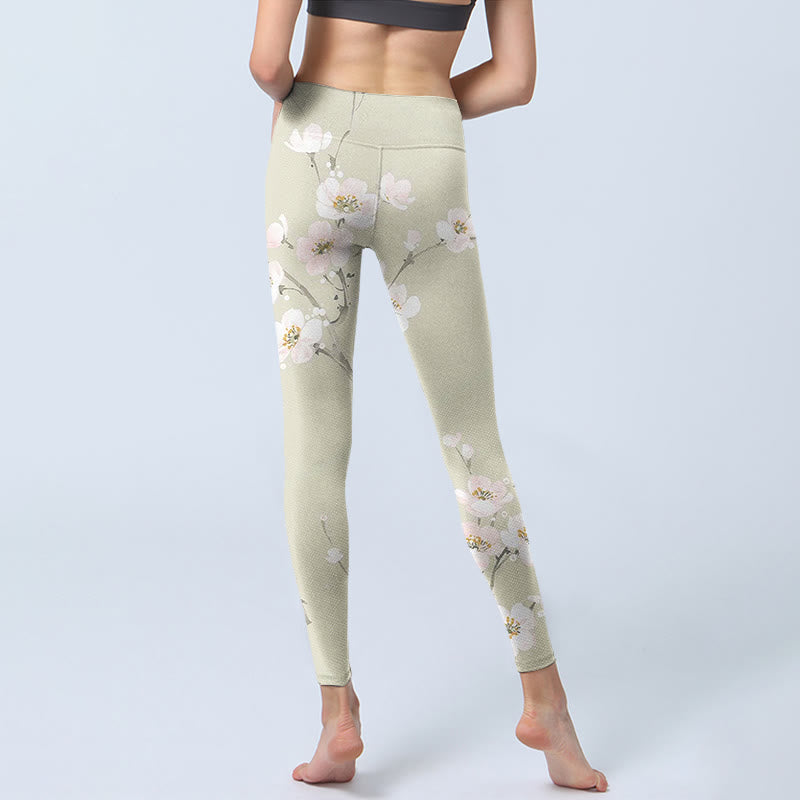 Buddha Stones Beige Pflaumenblüten Print Gym Leggings Damen Yogahose