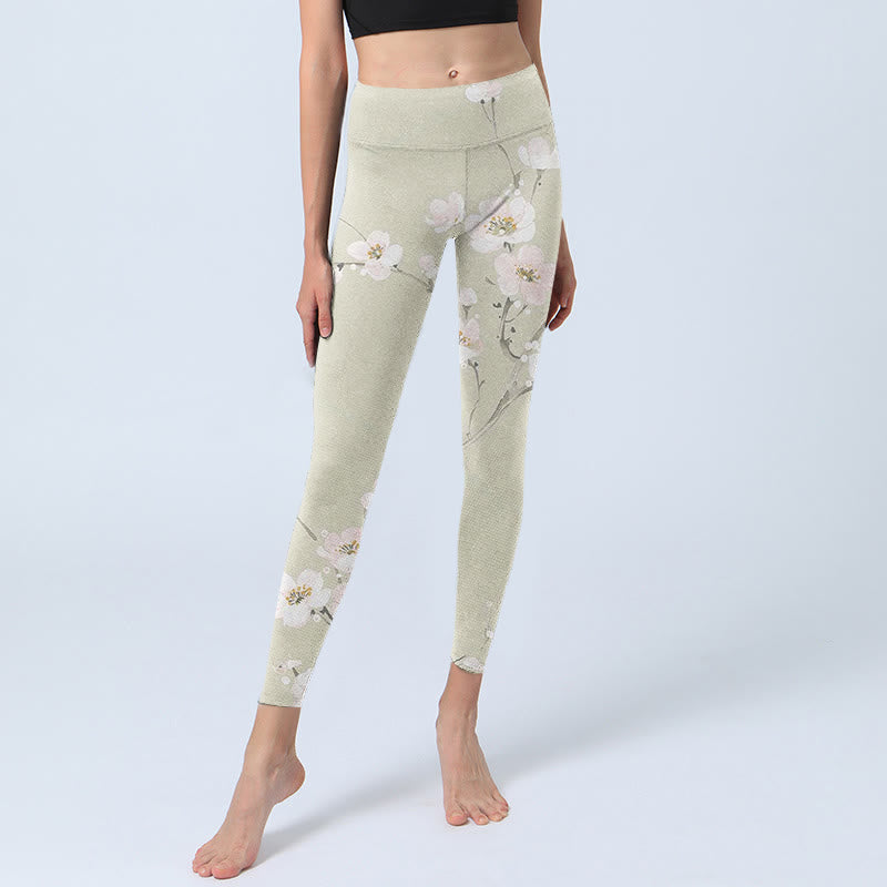 Buddha Stones Beige Pflaumenblüten Print Gym Leggings Damen Yogahose