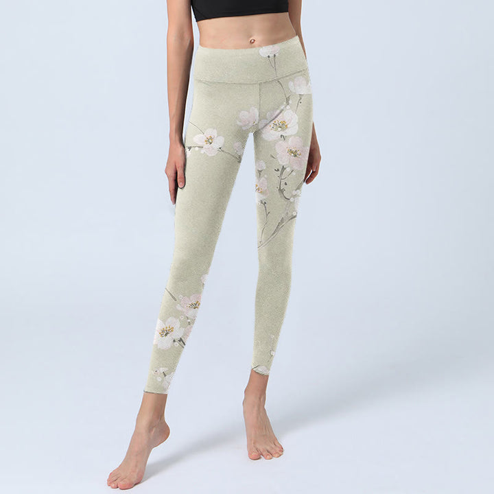 Buddha Stones Beige Pflaumenblüten Print Gym Leggings Damen Yogahose