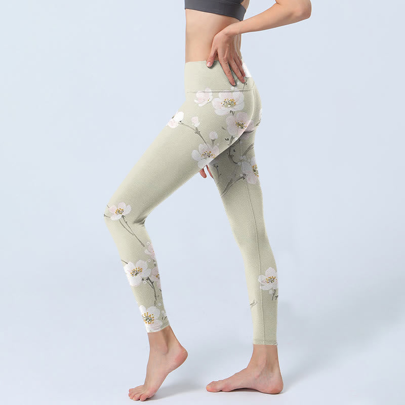 Buddha Stones Beige Pflaumenblüten Print Gym Leggings Damen Yogahose