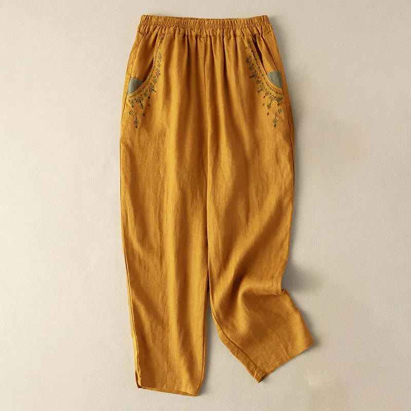 Capri-Haremshose mit Buddha Stones und Vintage-Stickerei, elastischer Bund und Taschen - Gelb - US14， UK/AU18，EU46 (4XL) - image 1