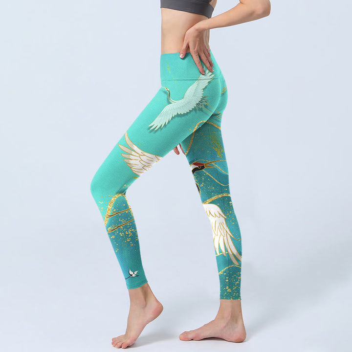 Buddha Stones Mintgrüne Bergkranich-Druck-Fitness-Leggings für Damen, Yogahose