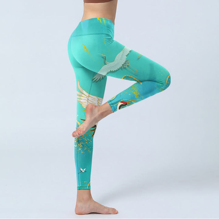 Buddha Stones Mintgrüne Bergkranich-Druck-Fitness-Leggings für Damen, Yogahose