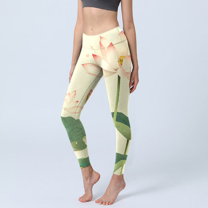 Buddha Stones, Lotusblüte, Blatt, Libelle-Druck, Fitness-Leggings für Damen, Yoga-Hose - Antikweiß - US18, UK/AU22, EU50 (4XL) - image 0