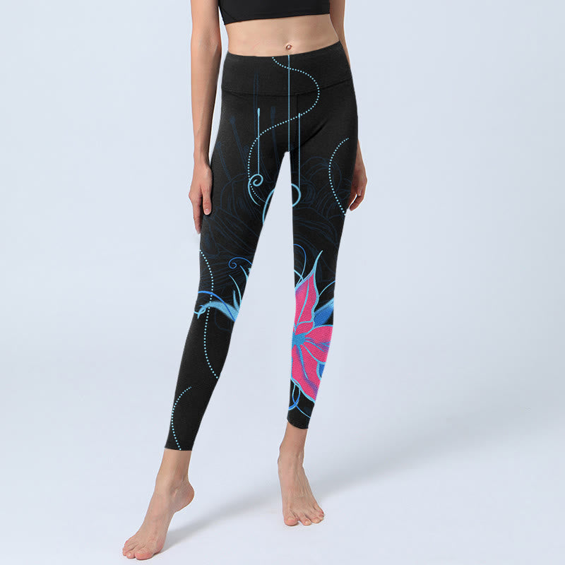 Buddha Stones Schwarz Rosa Blau Blumen Print Fitness Leggings Damen Yogahose