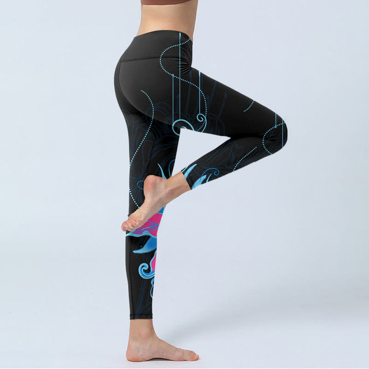 Buddha Stones Schwarz Rosa Blau Blumen Print Fitness Leggings Damen Yogahose