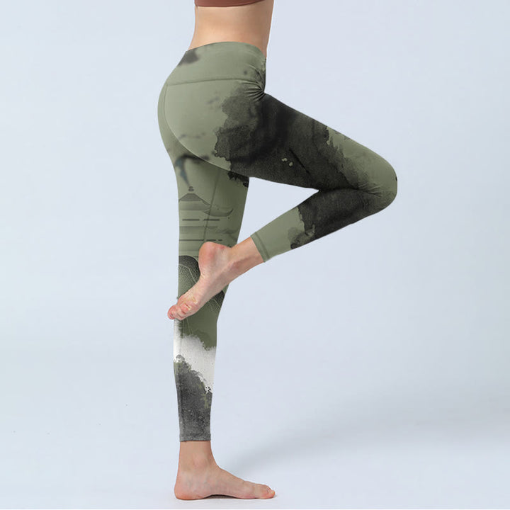 Buddha Stones Tinte Malerei Berg Pavillon Druck Fitness Leggings frauen Yoga Hosen