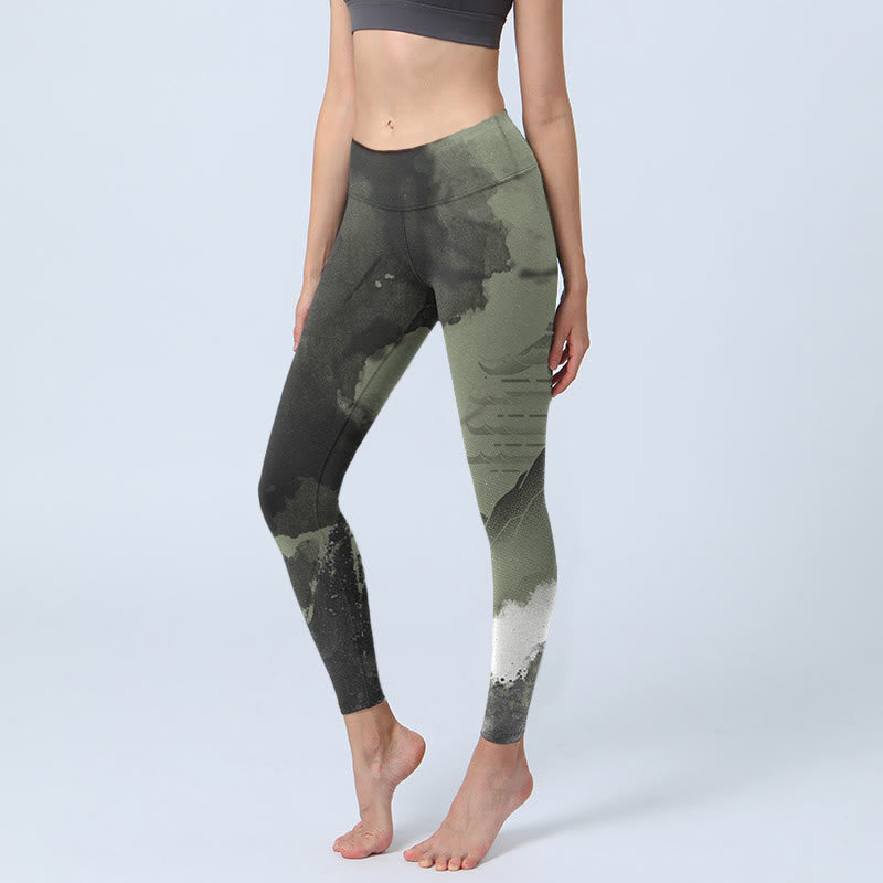 Buddha Stones ​​Tinte Malerei Berg Pavillon Druck Fitness Leggings frauen Yoga Hosen - Grau - US18, UK/AU22, EU50 (4XL) - image 0