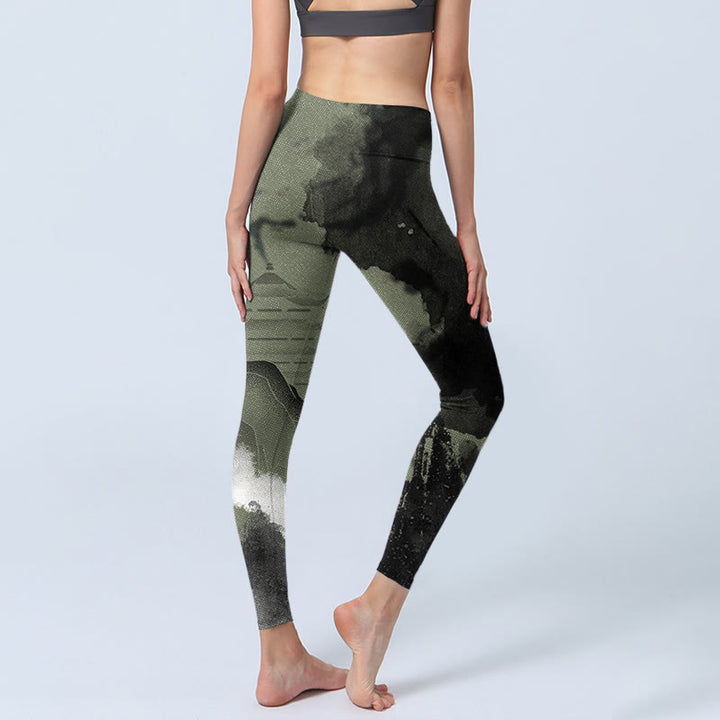 Buddha Stones ​​Tinte Malerei Berg Pavillon Druck Fitness Leggings frauen Yoga Hosen - image 6