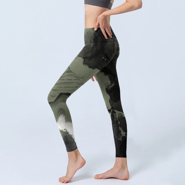 Buddha Stones ​​Tinte Malerei Berg Pavillon Druck Fitness Leggings frauen Yoga Hosen - image 3