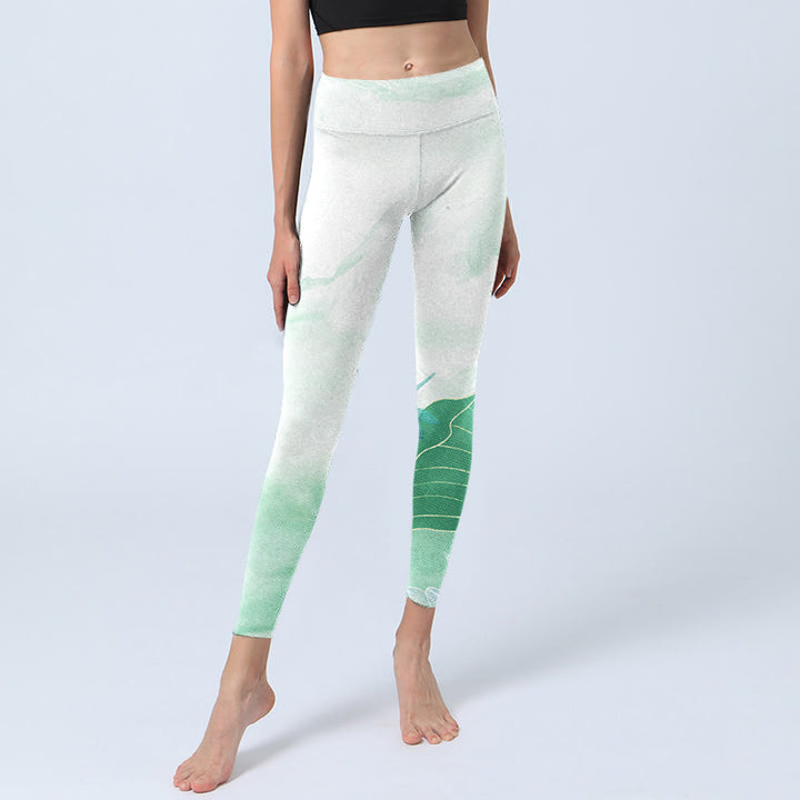 Buddha Stones Mintgrüne Yogahose für Damen mit Lotusblatt-Libellen-Print