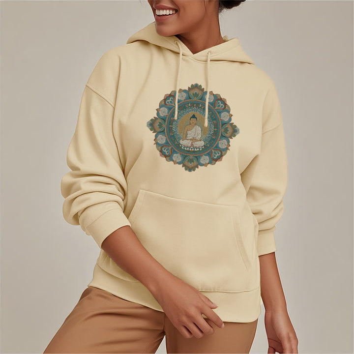 Buddha Stones, Mandala-Blumen-Buddha, Polyester-Kapuzenpullover mit Fleece-Futter