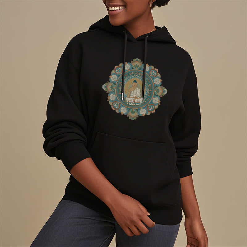 Buddha Stones, Mandala-Blumen-Buddha, Polyester-Kapuzenpullover mit Fleece-Futter