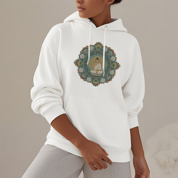 Buddha Stones, Mandala-Blumen-Buddha, Polyester-Kapuzenpullover mit Fleece-Futter