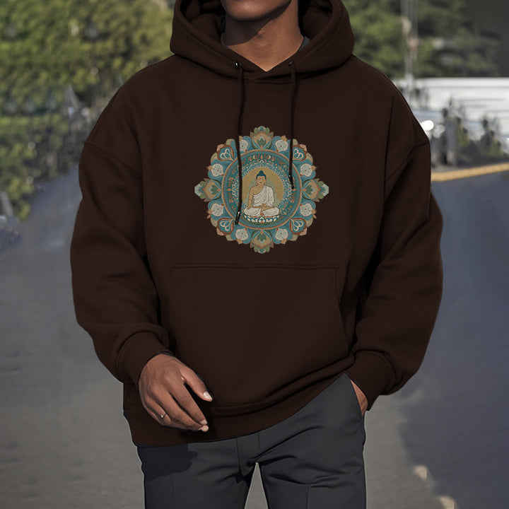 Buddha Stones, Mandala-Blumen-Buddha, Polyester-Kapuzenpullover mit Fleece-Futter