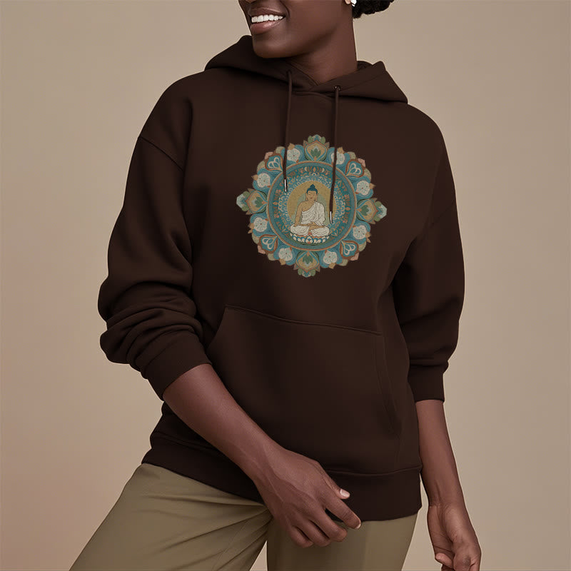 Buddha Stones, Mandala-Blumen-Buddha, Polyester-Kapuzenpullover mit Fleece-Futter