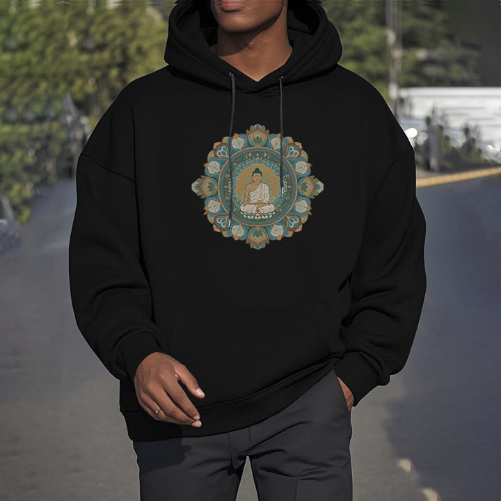 Buddha Stones, Mandala-Blumen-Buddha, Polyester-Kapuzenpullover mit Fleece-Futter