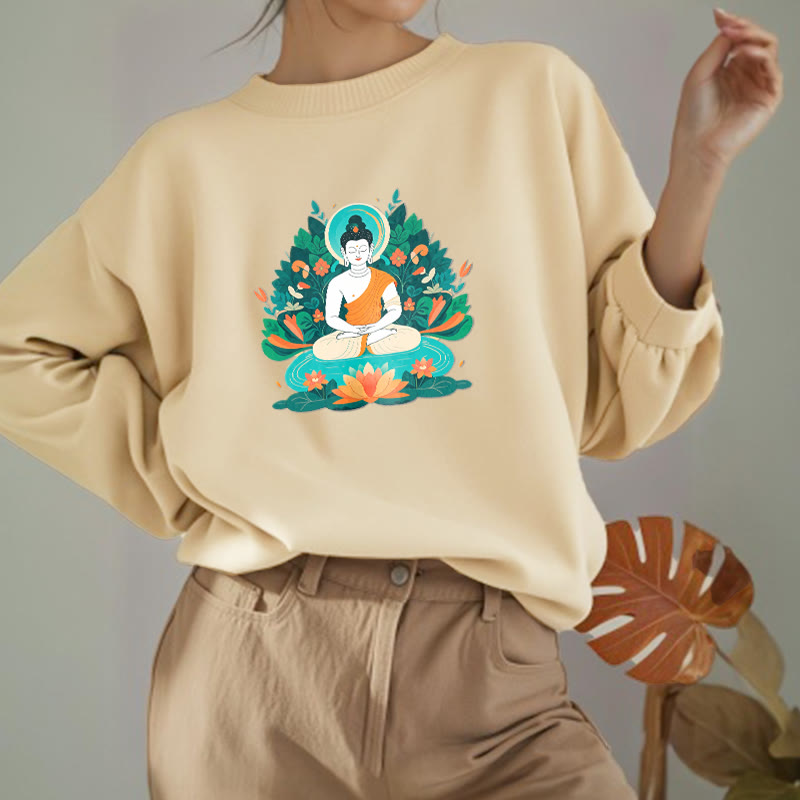 Buddha Stones Lotus Buddha Rundhals-Sweatshirt mit Fleecefutter