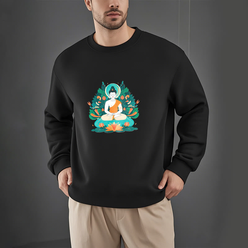 Buddha Stones Lotus Buddha Rundhals-Sweatshirt mit Fleecefutter