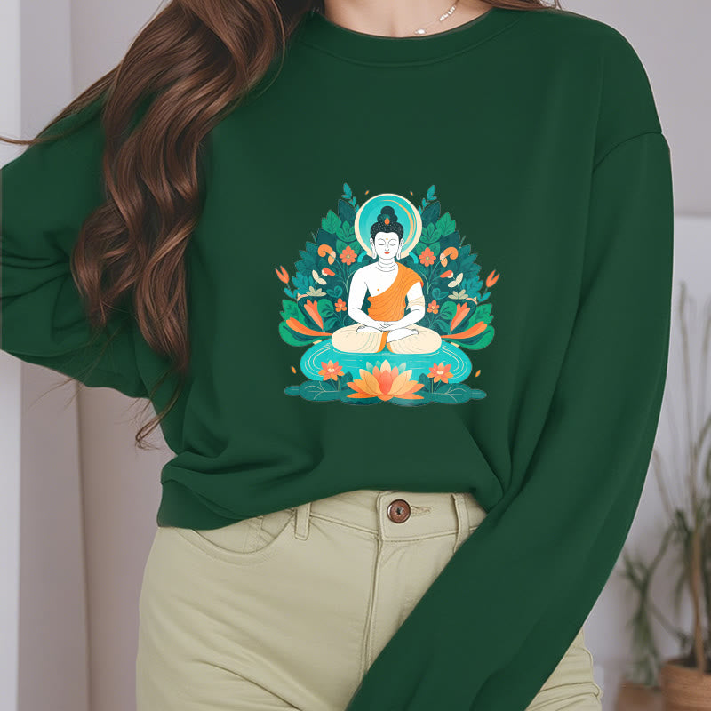 Buddha Stones Lotus Buddha Rundhals-Sweatshirt mit Fleecefutter