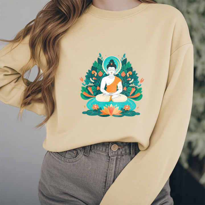 Buddha Stones Lotus Buddha Rundhals-Sweatshirt mit Fleecefutter