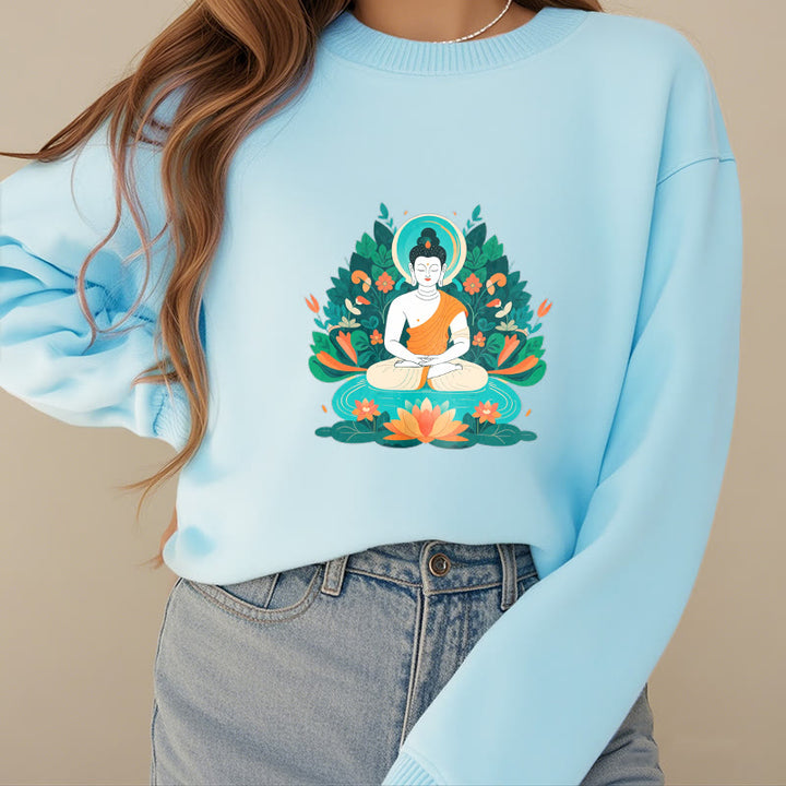 Buddha Stones Lotus Buddha Rundhals-Sweatshirt mit Fleecefutter