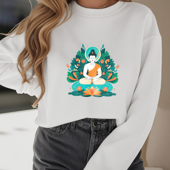 Buddha Stones Lotus Buddha Rundhals-Sweatshirt mit Fleecefutter