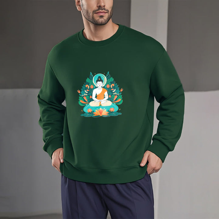 Buddha Stones Lotus Buddha Rundhals-Sweatshirt mit Fleecefutter