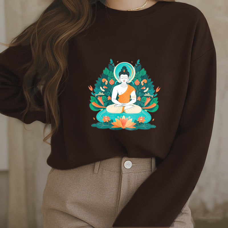 Buddha Stones Lotus Buddha Rundhals-Sweatshirt mit Fleecefutter